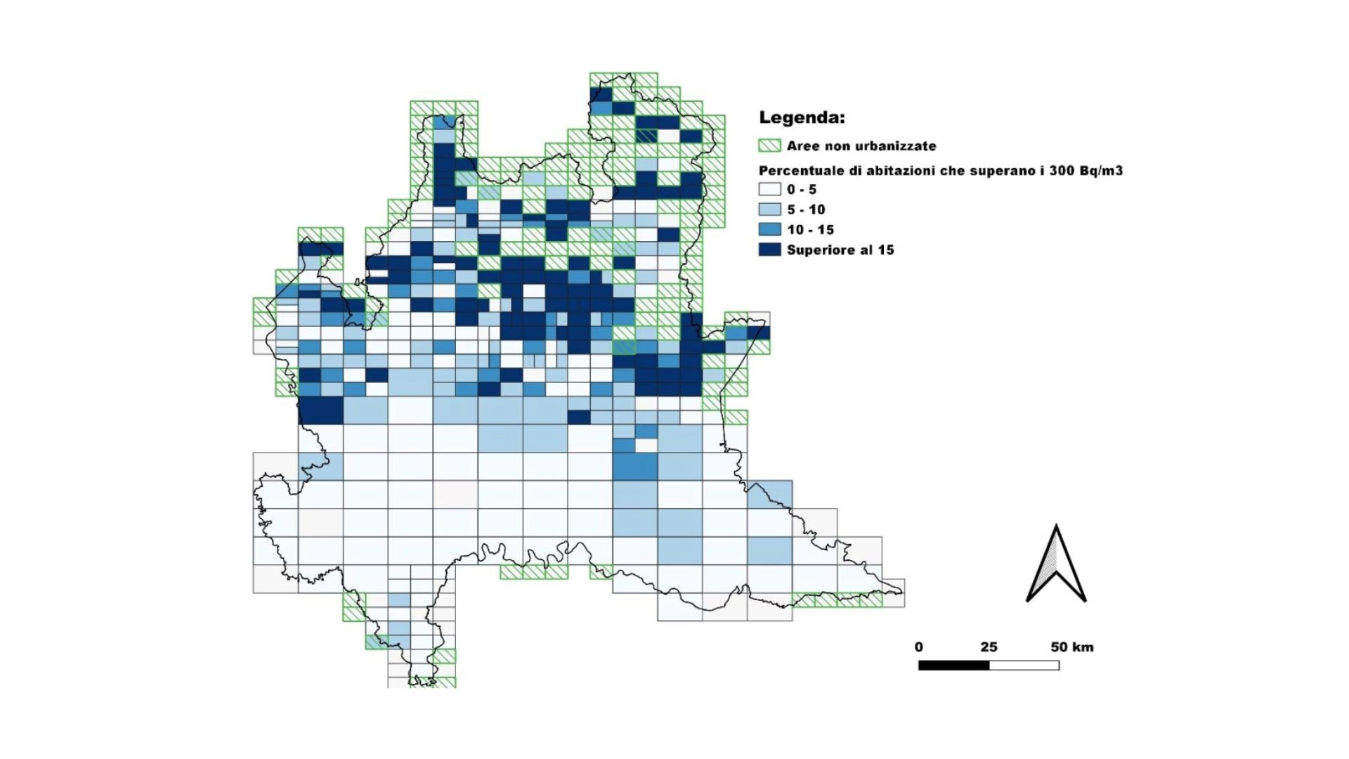 Mappa della Lombardia con griglia che mostra percentuali di abitazioni oltre 300 Bq/m³ secondo nuove linee guida sul rischio radon negli edifici.