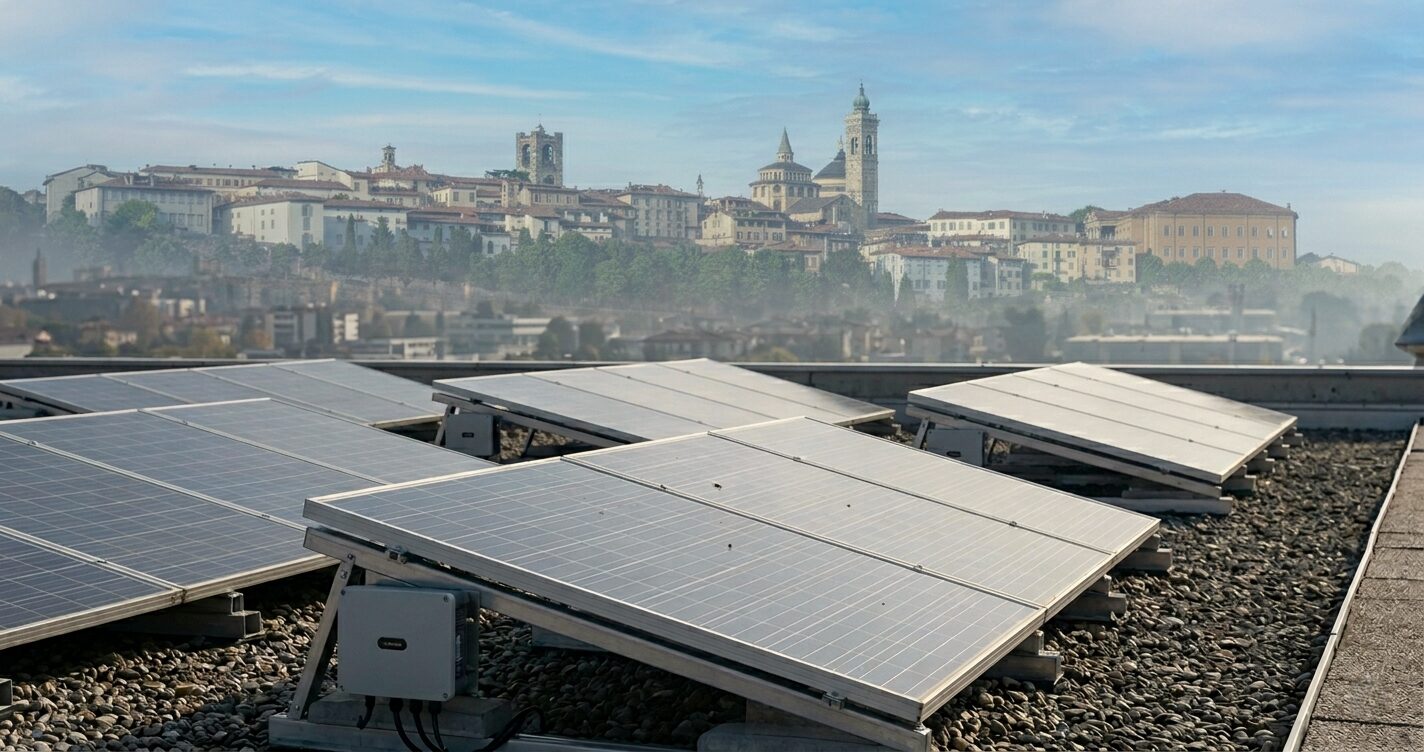 Impianto fotovoltaico con vista su Bergamo Milano – elaborato tramite IA da CED INGEGNERIA Impianto fotovoltaico con vista su Bergamo Milano - elaborato tramite IA da CED INGEGNERIA