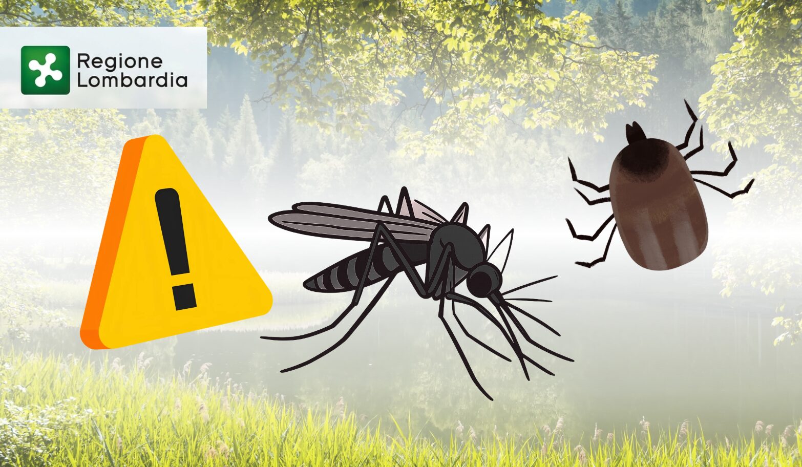 immagine composta con zanzare e zecche su sfondo di natura e cartello di attenzione con logo di Regione Lombardia - elaborato da Arianna Gandolfi per CED INGEGNERIA
